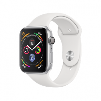 Apple Watch Series 4 GPS, 44mm, корпус из алюминия серебристого цвета, спортивный ремешок белого цвета